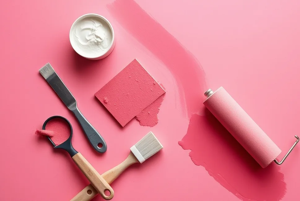Outils de peinture disposés dans l'ordre des étapes du chantier