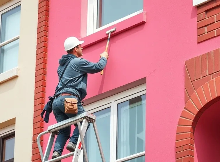 Peintre sur échafaudage traitant la façade d'une maison